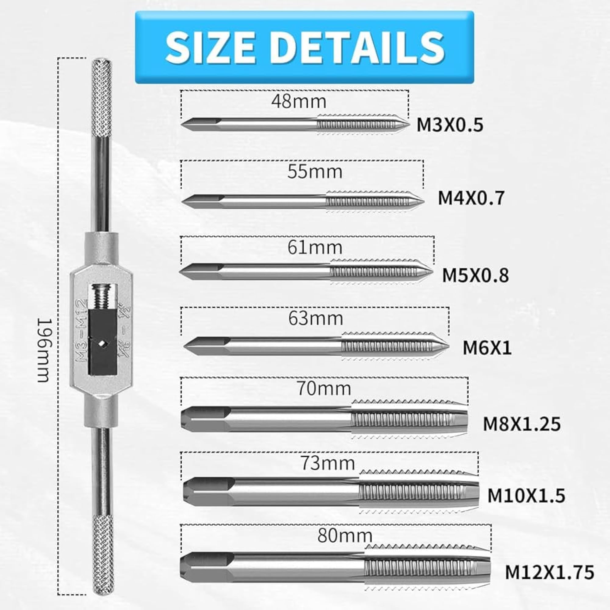 Metric Thread Machine Taps Set, 8pcs
