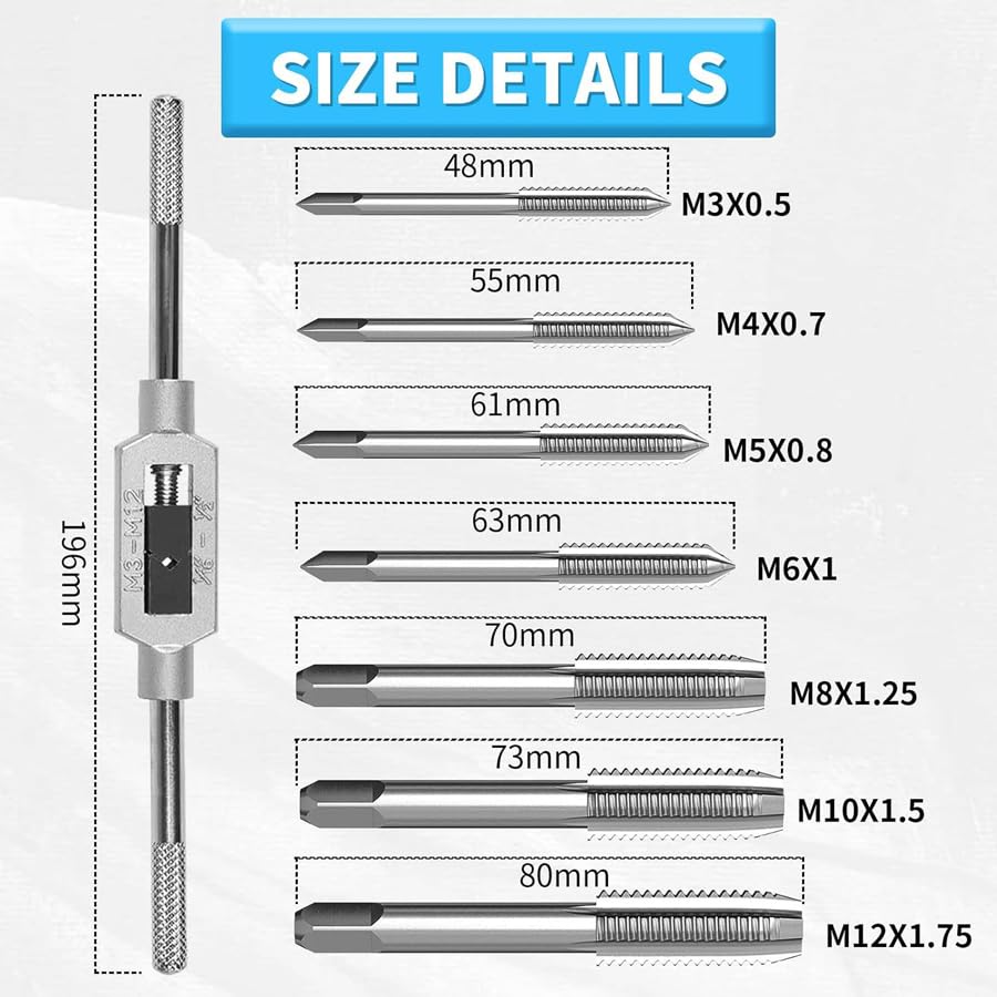 Up to Date Products & Tools 8pcs Metric Thread Machine Taps Set, Hand Screw Thread Plug Taps M3 M4 M5 M6 M8 M10 M12 with Adjustable Tap Wrench 1/16-1/2'' 1