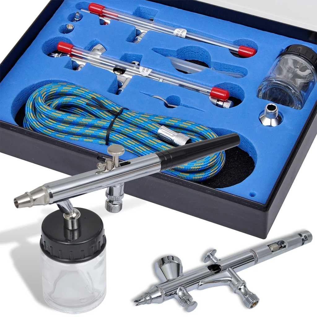 Kit de aerografía con 2 pistolas, estuche de herramientas de plástico, boquillas de 0,2 a 0,5 mm, manguera de aire de 1,8 m, para pintar, pintar, pintar madera, metal, muebles, coche