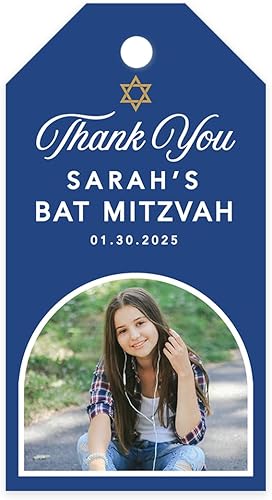 Andaz Press Paquete de 60 etiquetas personalizadas para recuerdo de mitzvá de barramurciélago con cuerda, etiquetas clásicas de regalo de