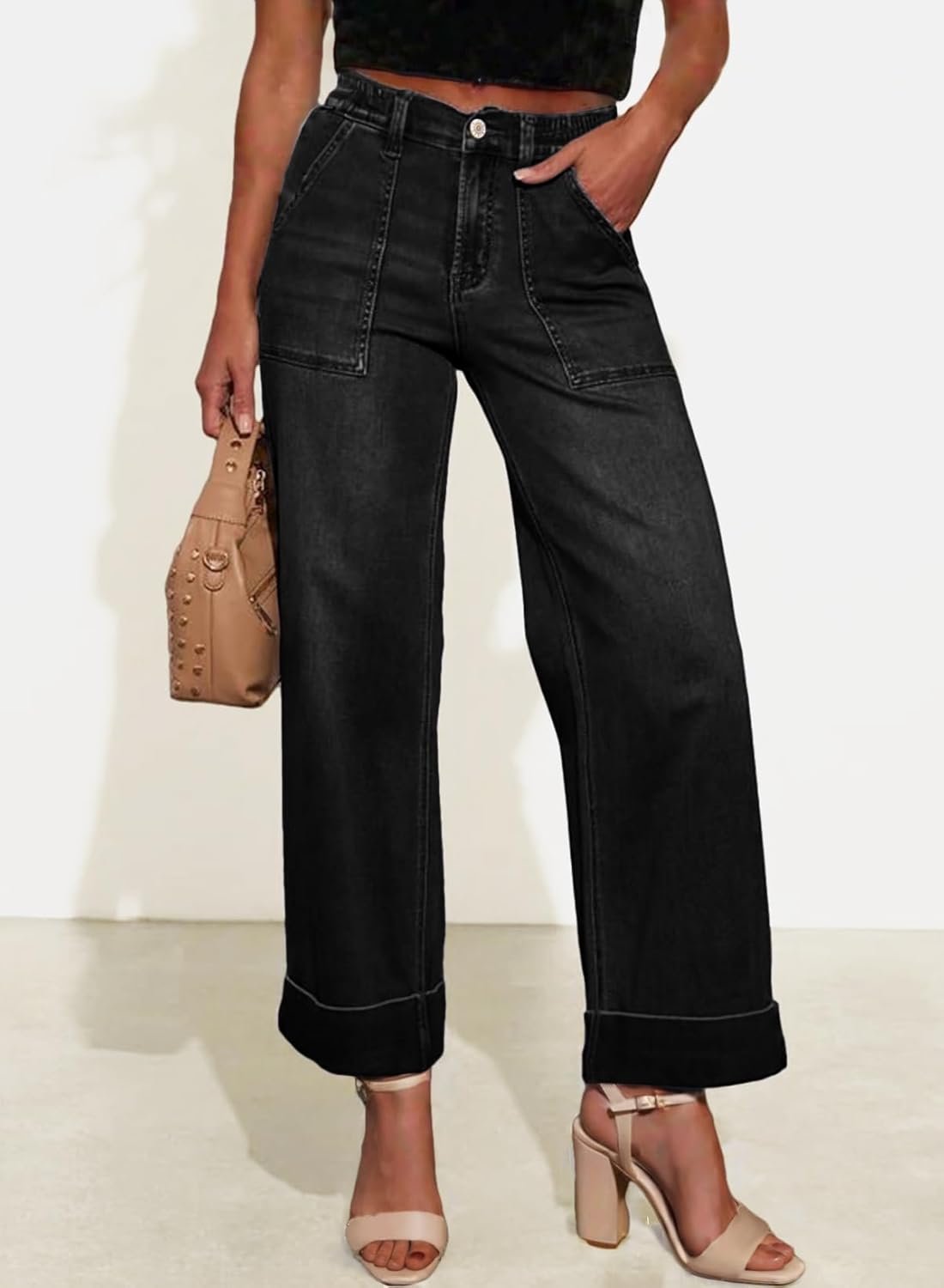 EVALESS Womens High Waist Wide Leg Jeans Trendy Cropped Denim Pants Solid Ankle Length Stretchy Jeans with Pockets - Image 2