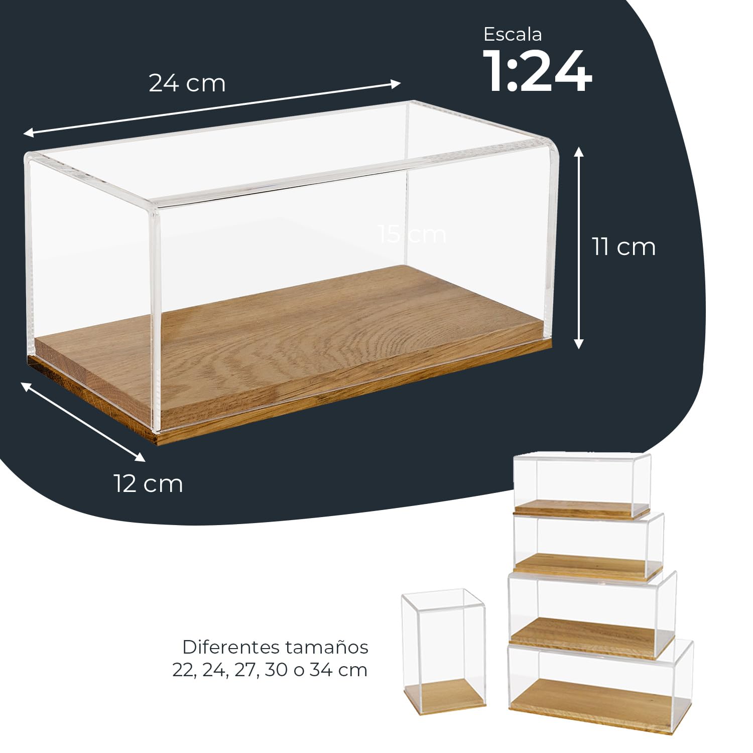 HMF 46871 - Vitrina acrílica con Base de Madera para Modelos de Coche, 24 x 12 x 11 cm, Transparente