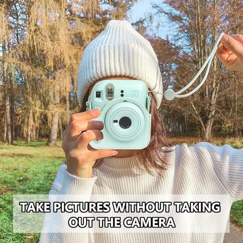 Image of Breatoi PU Leather Camera Case for Mini 12 - Rainproof, Soft, and Stylish in Mint Green with Adjustable Shoulder Strap