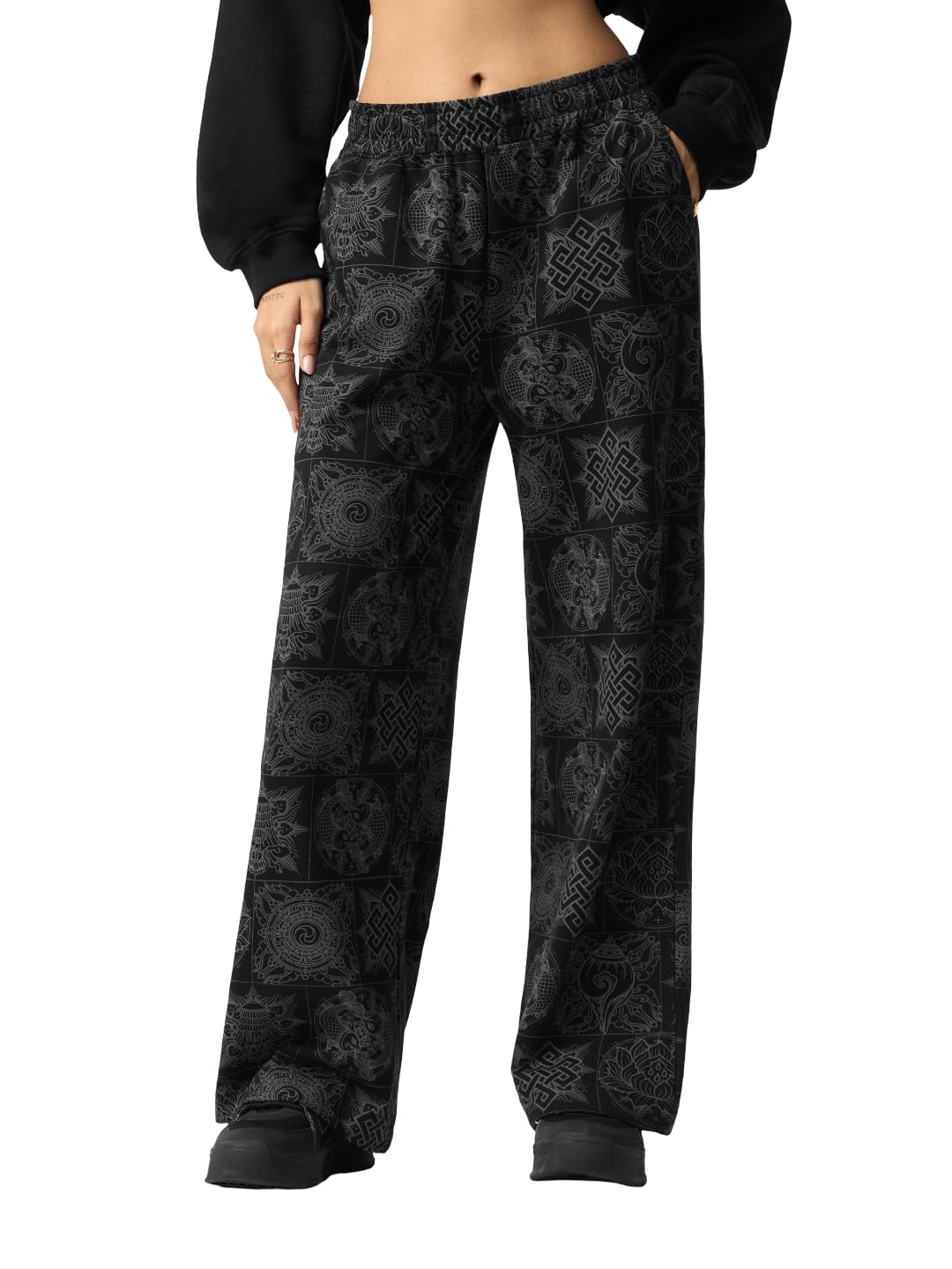 The Souled Store Tibetan Tales: Elements Women and Girls Elastic Waistband Black and Grey Graphic Printed Cotton Wide Leg Relaxed Fit All-Season Athleisure Joggers in black