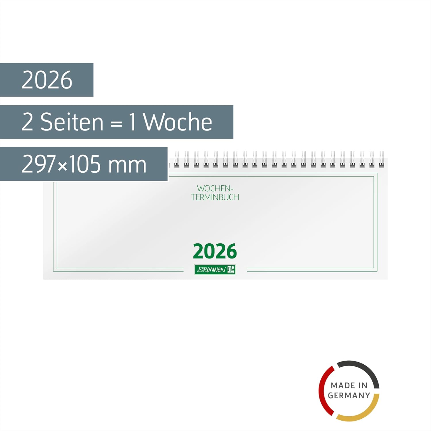 BRUNNEN Landscape Appointment Book Model 772 2026 | 297 x 105 mm, Cardboard, White