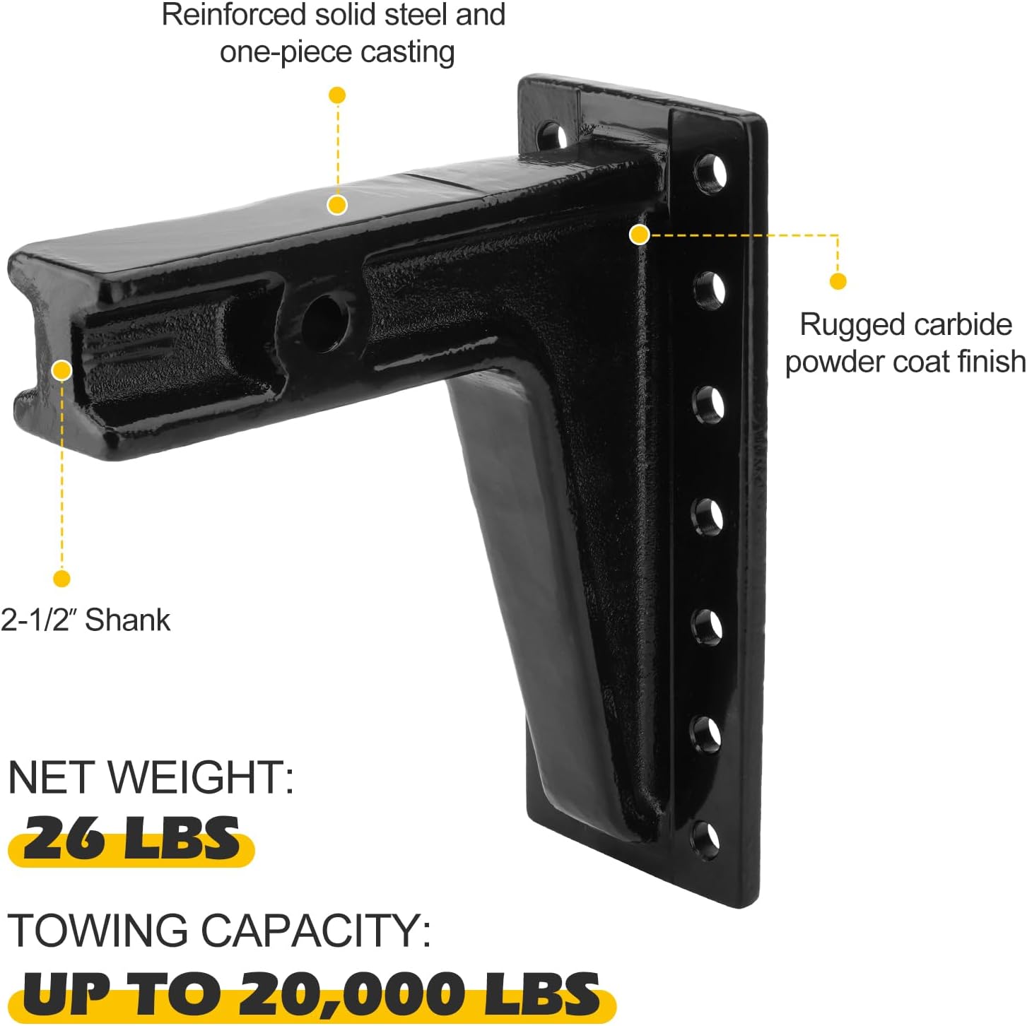 Pintle Hook Hitch Mount, Adjustable 6 Positions for 2-1/2-Inch Trailer Hitch Receiver, 20,000 lbs Capacity, 12-1/2" Height Plate, 10-3/4" Shank, Black Carbide Powder Coat