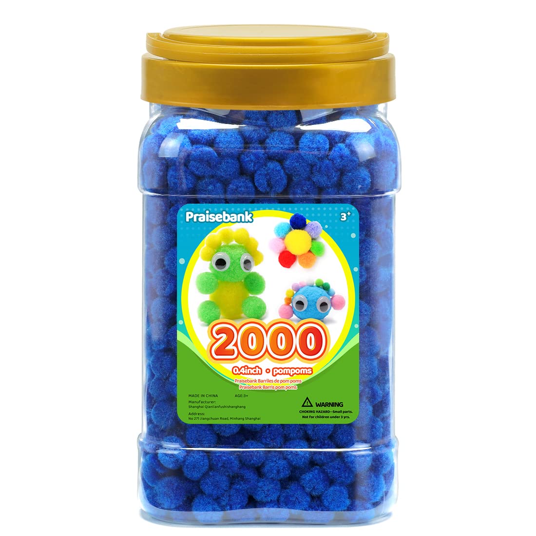 Praisebank Blue Pom poms, 2000pcs, 1cm, Pom Poms for Arts and Crafts, Pom Pom Balls in jar,Pom Poms for Crafts.