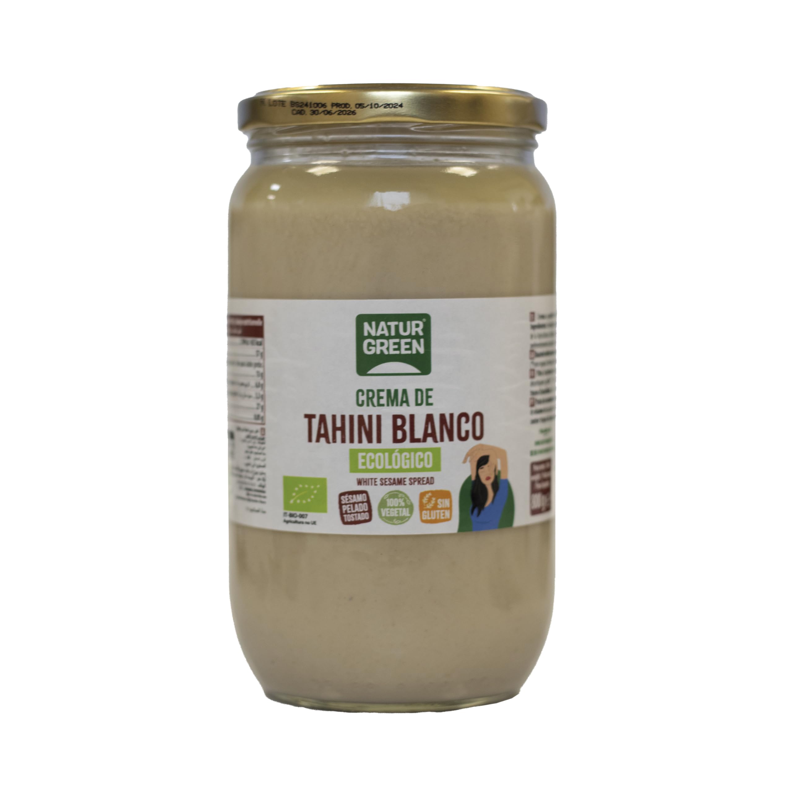 NaturGreen - Tahin de Sésamo Blanco Bio, Pack 6 x 800 g, Crema Blanco 100% Natural, Sin Gluten, Vegana, Fuente de Proteína y Fibra, Sin Azúcares Añadidos, Ideal para Hummus, Salsas y Cocina Saludable