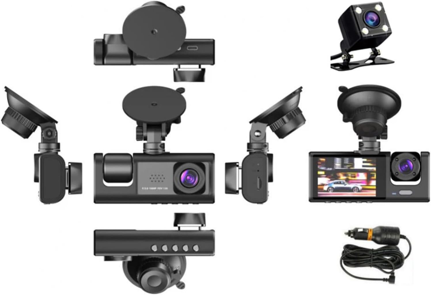 Multiple views of the Wisoqu Dash Cam showing front, back, side, and top angles with components.