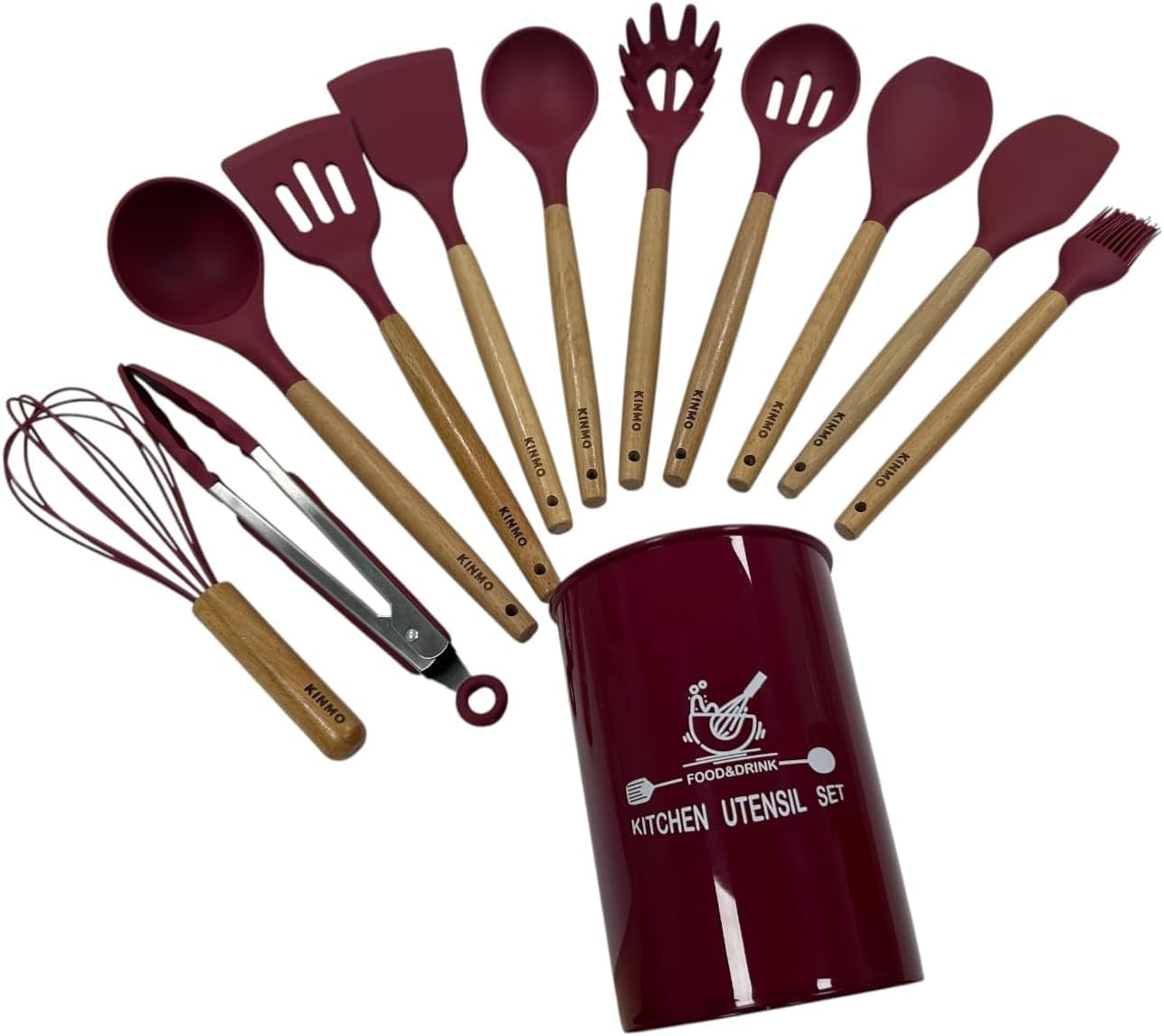 Silicone Kitchen Utensil Set with Wooden Handles, 12-Piece (Wine Red)