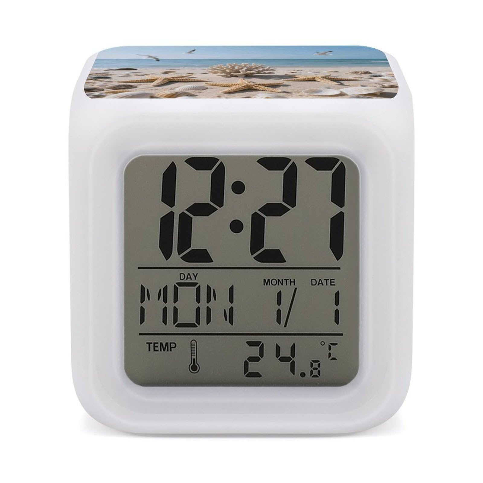 VstaDank Sea Shells and Starfish Alarm Clock with Date Temperature Large LED Display Number Clocks with 7 Colors Changing Desk Clock Battery Operated Digital Clocks with Date for Heavy Sleepers