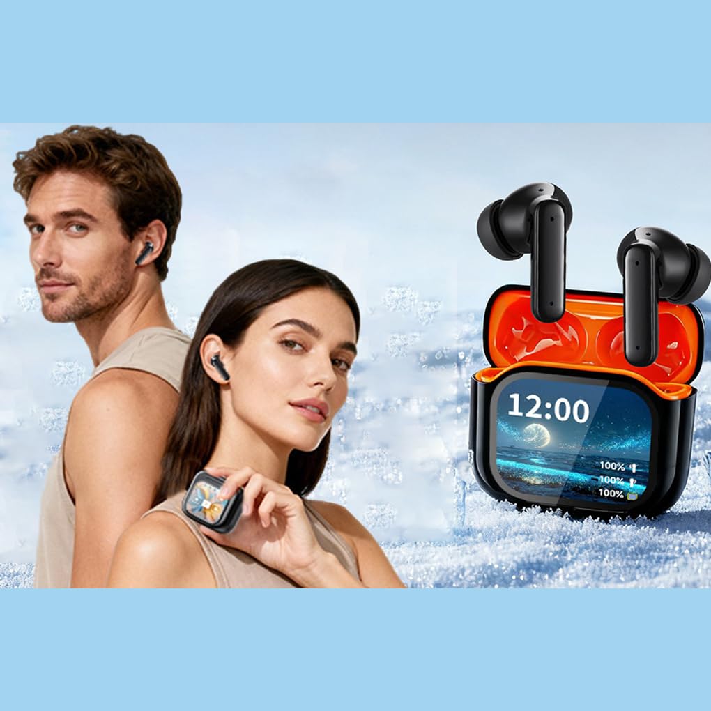 Auriculares inalámbricos con Pantalla y Puerto de Carga USB Tipo C para Disfrutar en Parques de Atracciones. Auriculares intrauditivos inalámbricos, Negro Naranja
