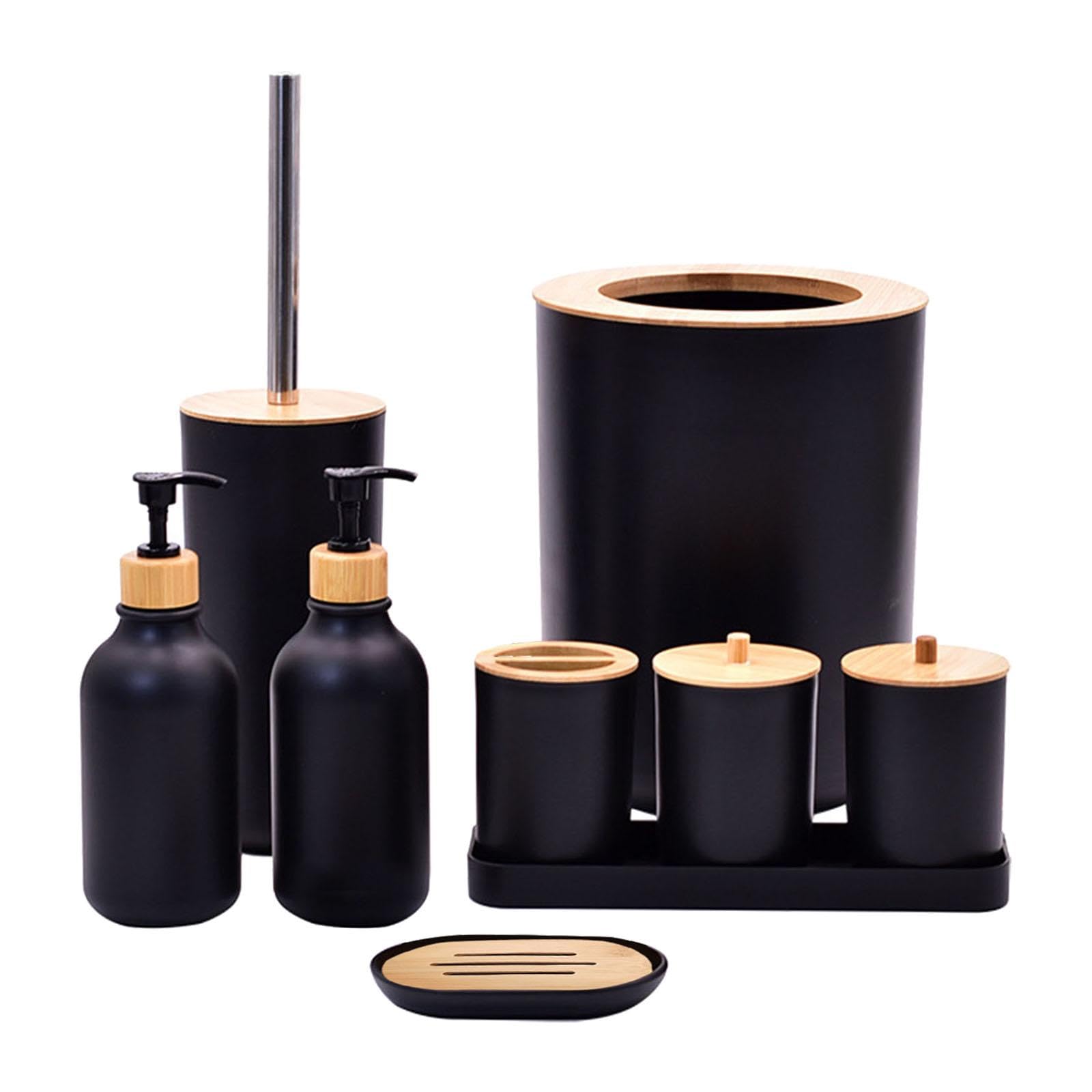 Badezimmer-Zubehör-Sets komplett – 9-teiliges Badezimmer-Zubehör-Set mit Mülleimer, Kosmetikablage, 2 Seifenspendern, Zahnputzbecher, Toilettenbürste, Wattestäbchenhalter, Seifen Black