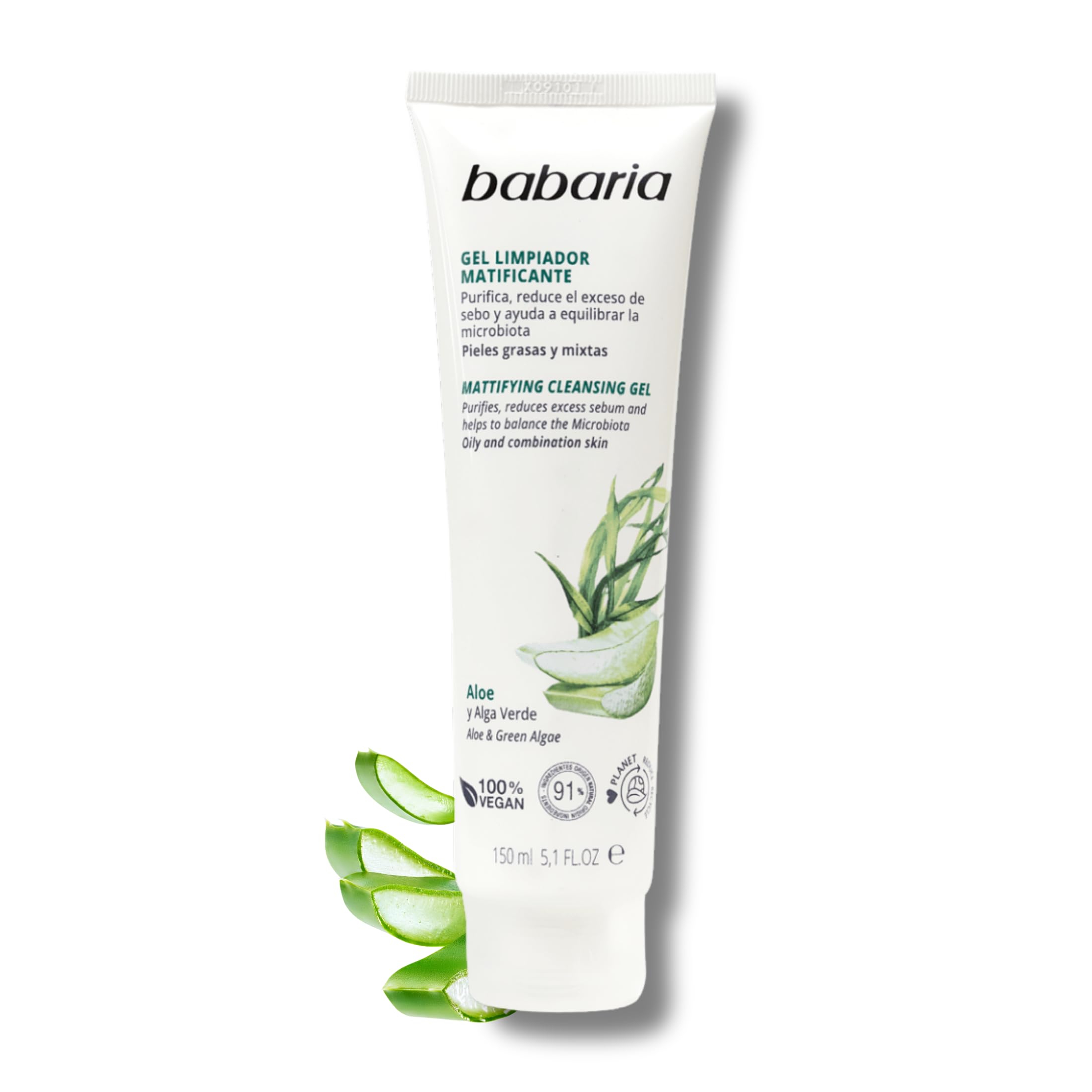 Babaria - Gel Limpiador Facial Piel Grasa o Mixta 100ml | Minimiza los Poros y controla el Sebo | Limpieza Facial Formulada Con Aloe Vera | 100% Vegano