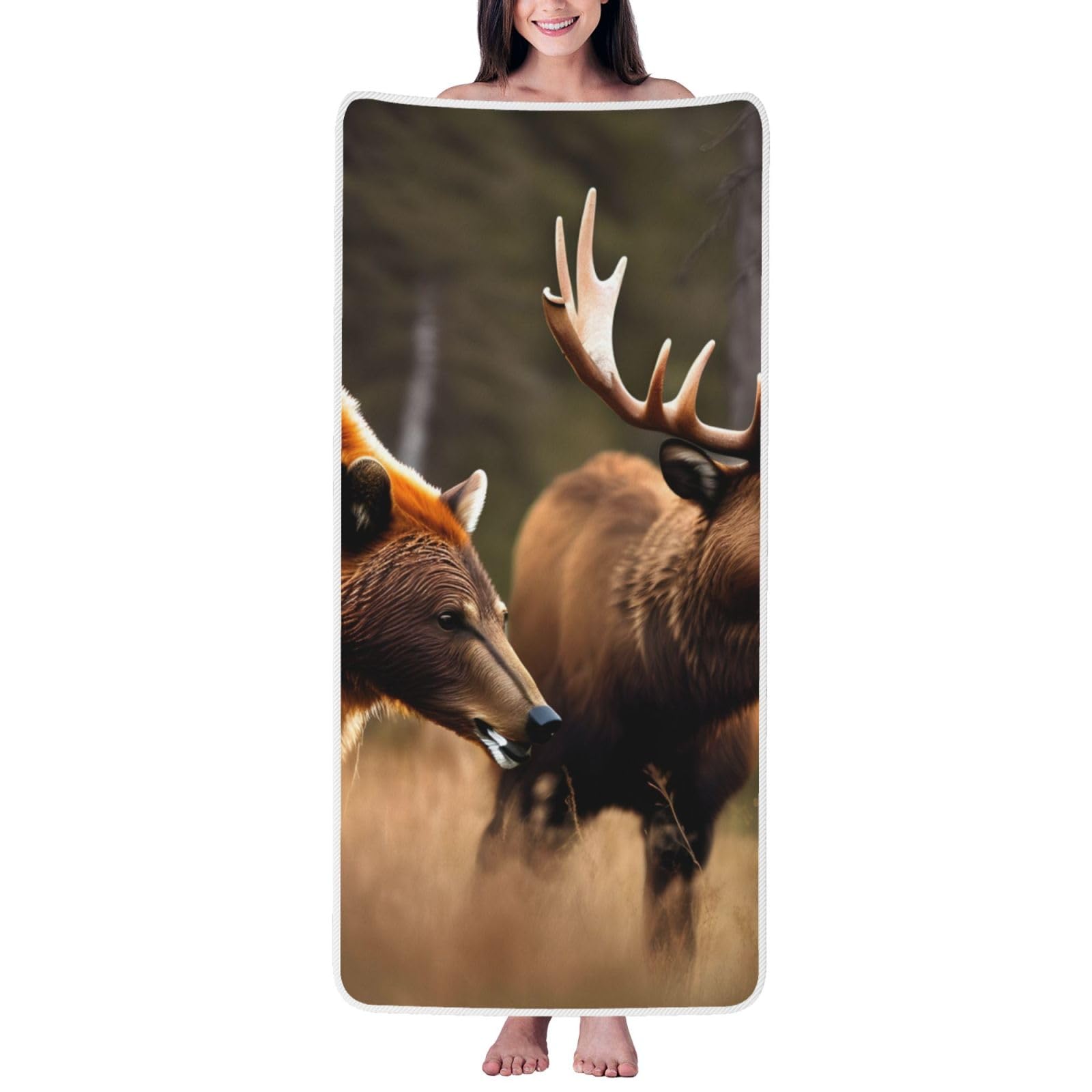 NImongt Wildlife Hunting Deer Bear Elk Print Lightweight Comfort Coral Velvet Bath Towel Home Bathroom Hotel Spa Beach Travel