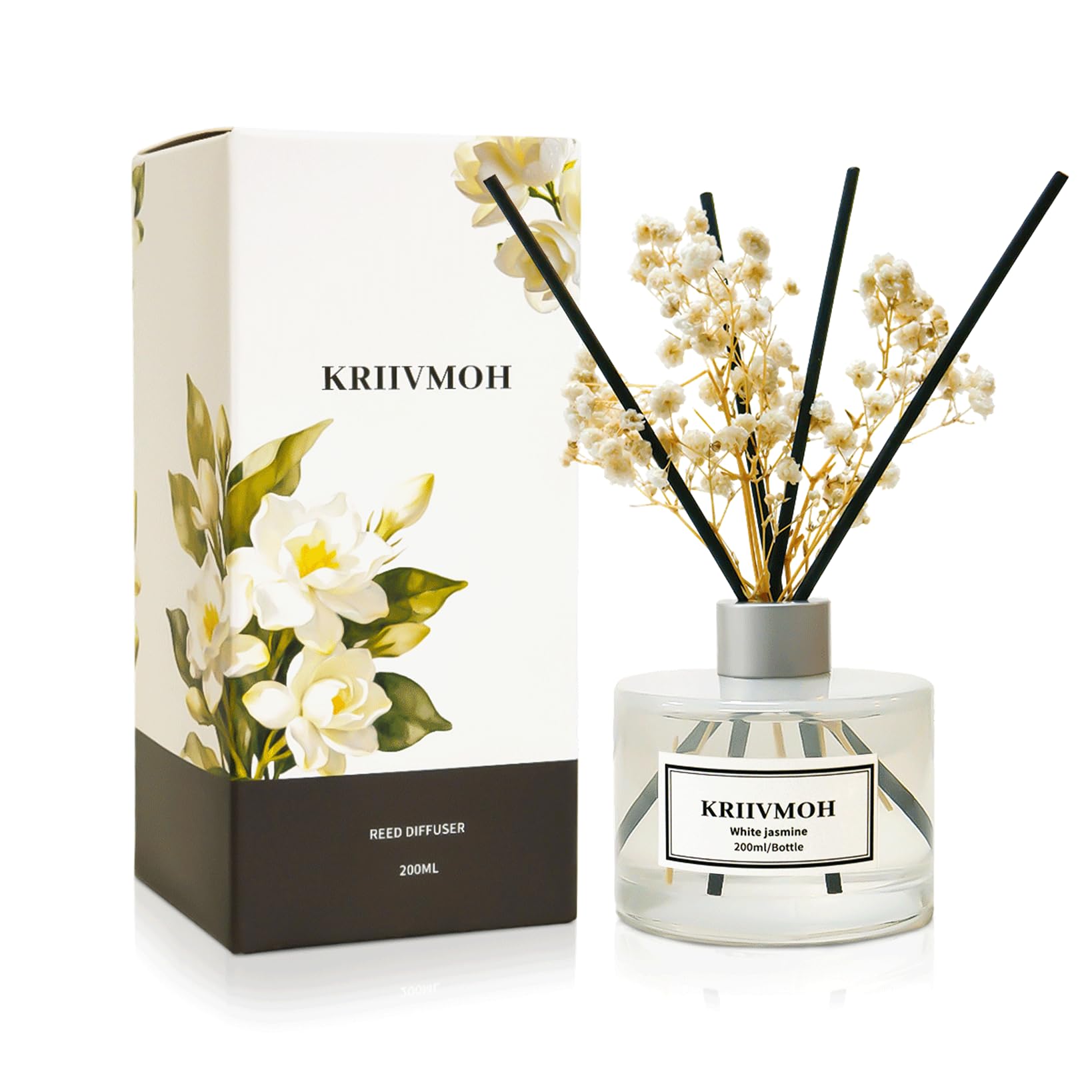 Diffuseur Parfum Maison, 200 ML, diffuseur de Parfum au Jasmin Blanc avec 8 bâtonnets Parfum Longue durée pour la Maison, la Salle de Bain, la décoration de la Chambre