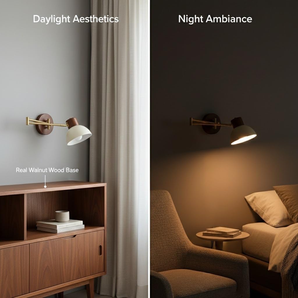 Reading Wall Lamp, Swing Arm Wall Sconce, Cream Shade Adjustable Wall Light with Wood Base for Bedroom, Bedside, Study, Office, Industrial Folding Fixture, Library, Entryway Parlor