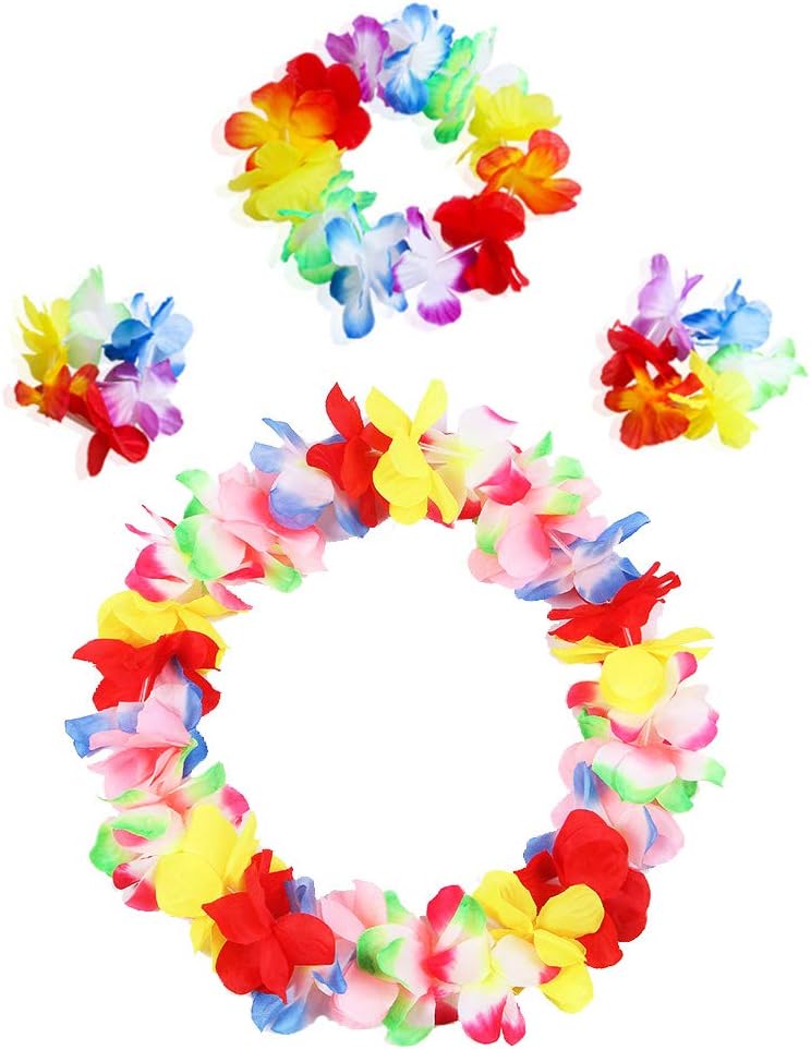 Tropical Hawaiian Leis Luau Flower Jumbo Necklace Bracelets Headband Set Birthday Favors Supplies Party Decoration