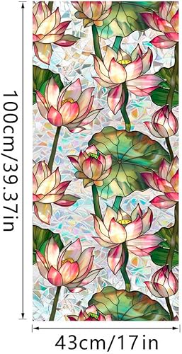 Miniatura 5 de JOONOR Película de privacidad para ventana de flores de loto retro, calcomanías de vidrieras coloridas florales de privacidad, calcomanías de arco