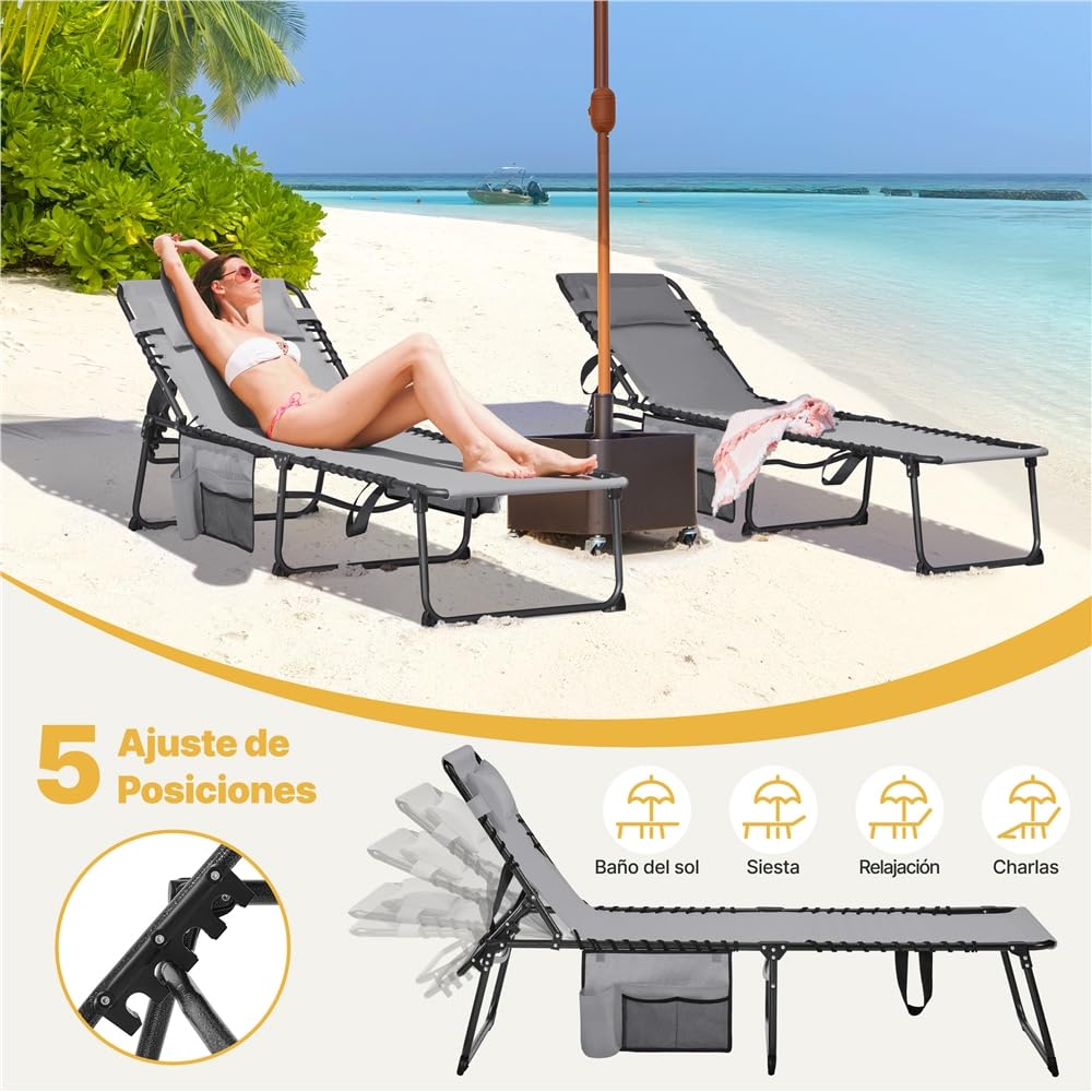 Yaheetech Cama de Camping Plegable con Cojín y Bolsillo Lateral Respaldo | Ajustable en 5 Posiciones, Tumbona Plegable hasta 120kg para Interior Exterior y Viajes, 189x57x38 cm, Gris
