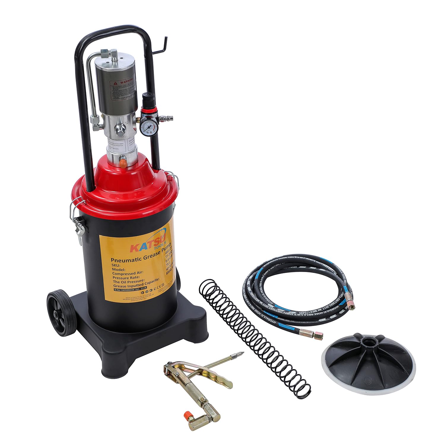 KATSU Tools Bomba de Grasa Neumática 12L Bomba de Engrase con Aire a Presión Dispensador de Pistola de Grasa de Aire Portátil con 12ft Manguera, 500 Bar, para Maquinaria de Automóviles y Camiones