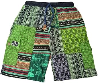Elastic Waist Cargo Cotton Shorts | 100% Eco Friendly Hippie Style Patchwork Block | Wrinkle Resistant Breathable Shorts