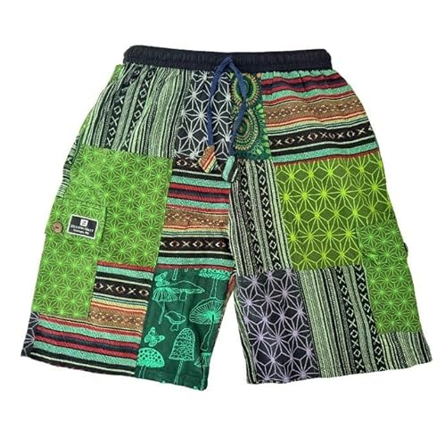 Elastic Waist Cargo Cotton Shorts | 100% Eco Friendly Hippie Style Patchwork Block | Wrinkle Resistant Breathable Classic Shorts. (US, Alpha, Medium, Regular, Regular) Green