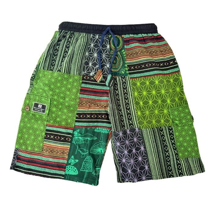 Elastic Waist Cargo Cotton Shorts | 100% Eco Friendly Hippie Style Patchwork Block | Wrinkle Resistant Breathable Shorts