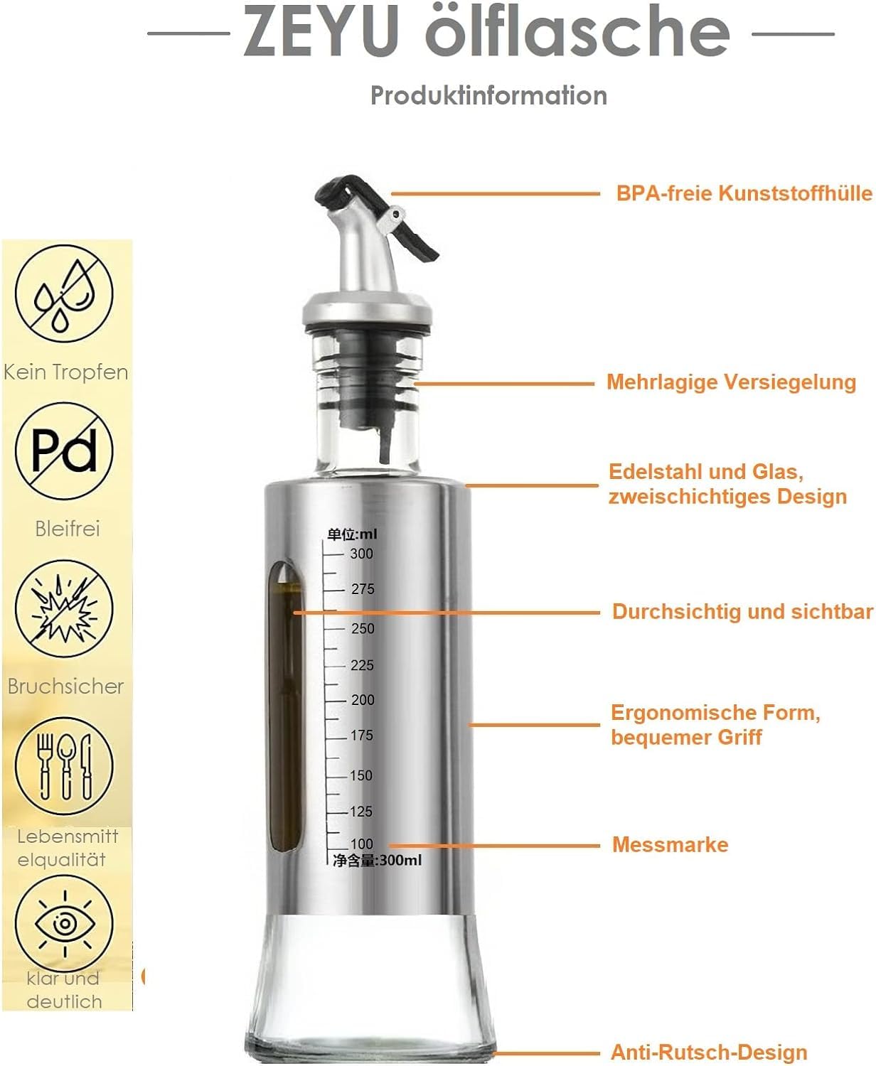 HomeCloud Stainless Steel And Glass Oil Dispenser Bottle With Measuring Scale | Perfect For Olive Oil, Sauces, And Vinegar | Leak-Proof Auto Flip Non-Drip Spout, 300 ML