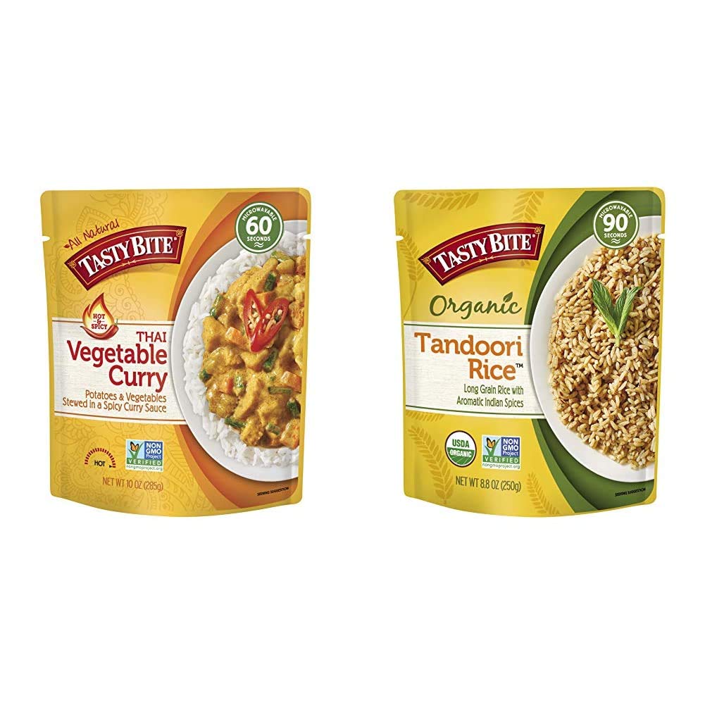 Tasty Bite Thai Entree Hot & Spicy Vegetable Curry, 10 Ounce (Pack of 6) & Rice Tandoori 8.8 Ounce (
