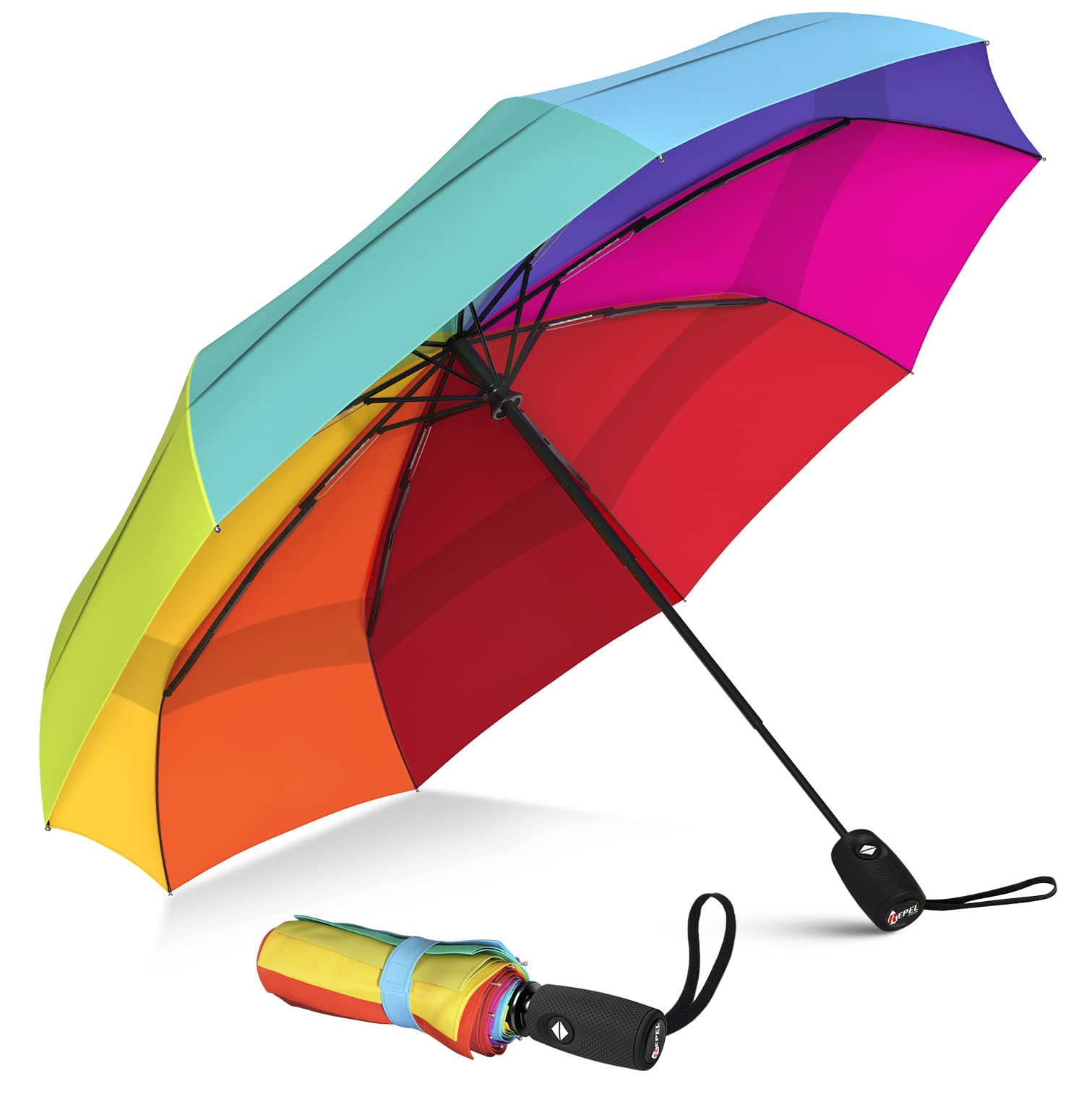 Repel Windproof Travel Umbrella with Teflon Coating (Rainbow)
