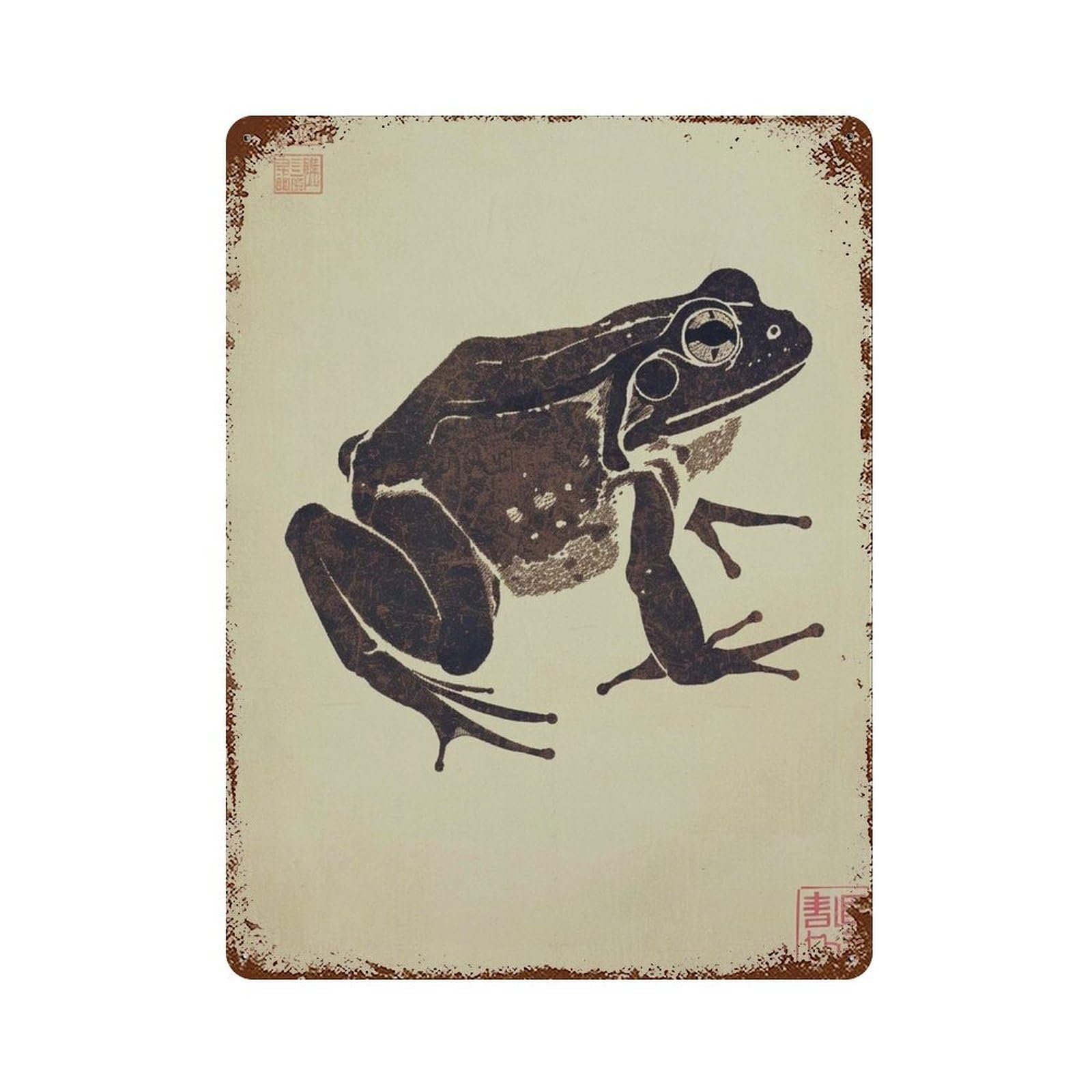 xiaoxiaoshen Japanese Frog Woodblock Style Zen Animal Wabi Sabi Minimalist Wall Decor Art Metal Tin Poster Modern Home Decor Art Home Bar Shop Decorations Vintage Sign 40x30cm