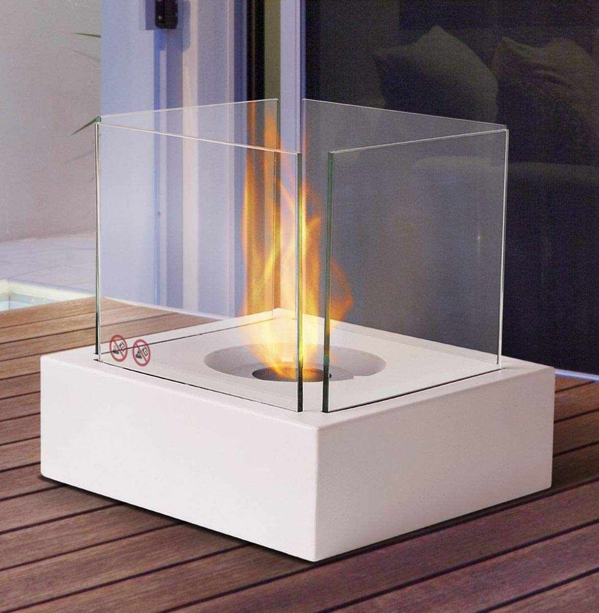 CV Tischfeuer Bio-Ethanol Glaskamin Tischkamin Glasfeuer Weiss eckig