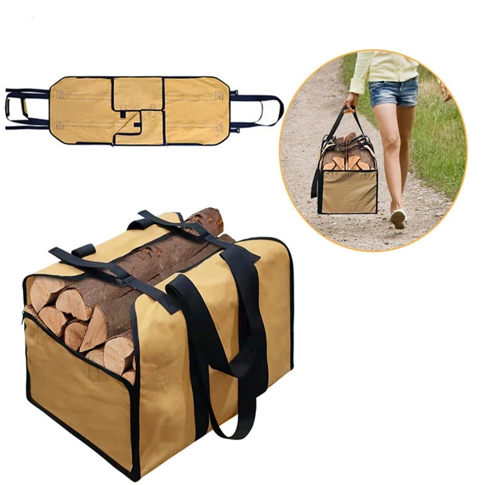 Borsa for legna da ardere in tela for, borsa for il trasporto di, con manici, cinturino, campeggio all'aperto Per Stufe(Brown)