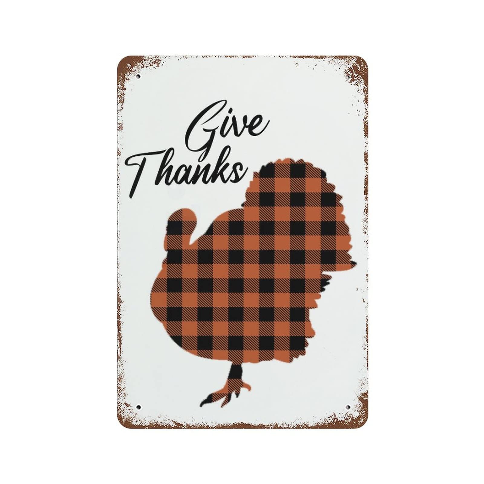 Plaque en étain Give Thanks vintage rouge et noir Buffalo Plaid pour décoration de ferme 30x45 cm