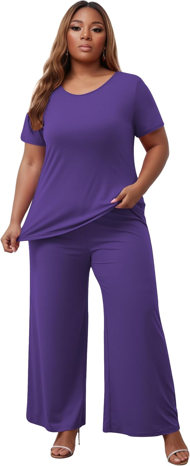 Women's Plus Size Two Piece Outfits Sweatsuits Sets Sexy Backless Short Sleeve Tops Wide Leg Pants Tracksuit Sets - Image 6