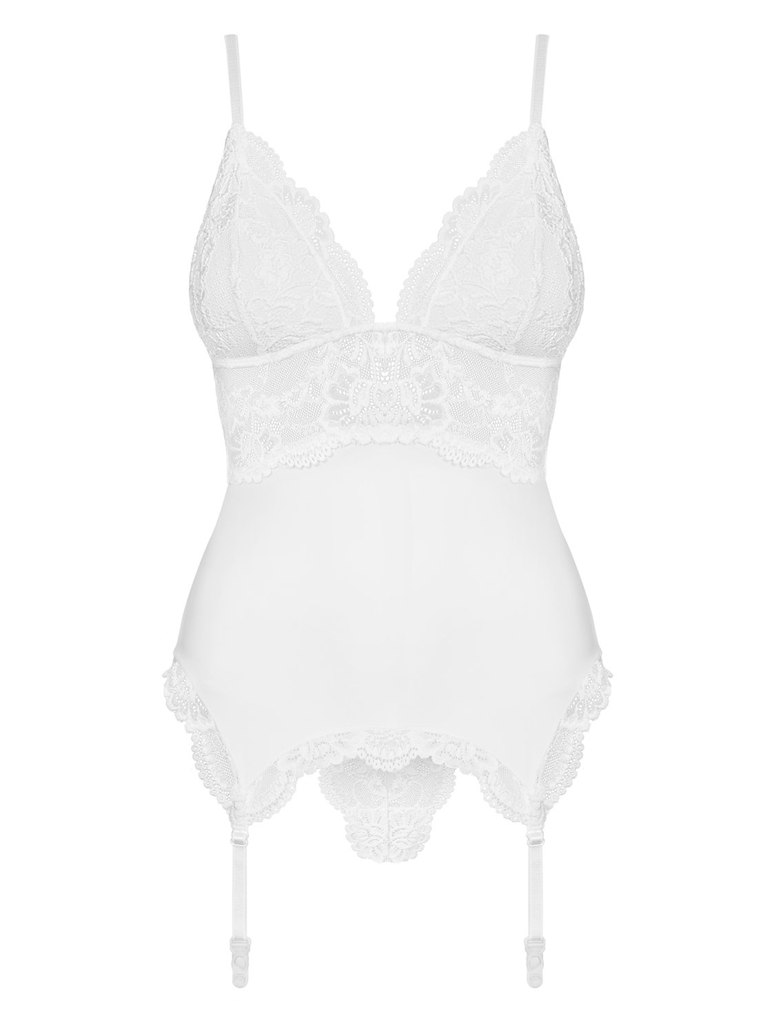 Obsessive. Damen Dessous Reizwäsche Strapshemd mit Soft Cups und String in weiß transparent aus glattem Material und Spitze