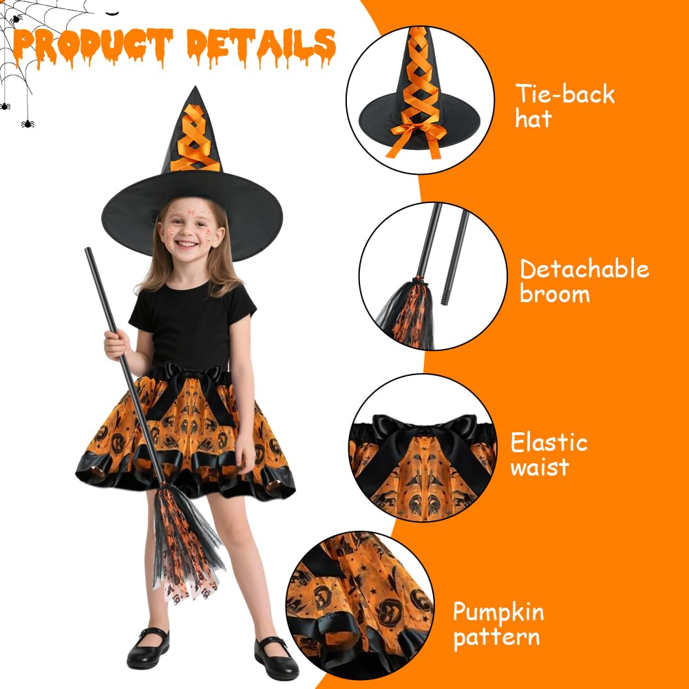 ACWOO Kids Witch Costume, 4PCS Halloween Pumpkinhead TuTu Skirt Suit Costumes Set including Witch Broom and Hat, Stickers - Image 3