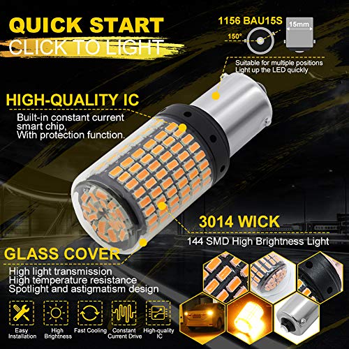BOODLIED 19 Watts 9-30v 1156 LED Bulb Amber Lights 2500LM Super Bright 144-SMD 3014 Chips 7506 93 3497 P21W BAU15S Amber/Yellow Lights for Turn Signal Reverse Brake Stop Light .2-pack.