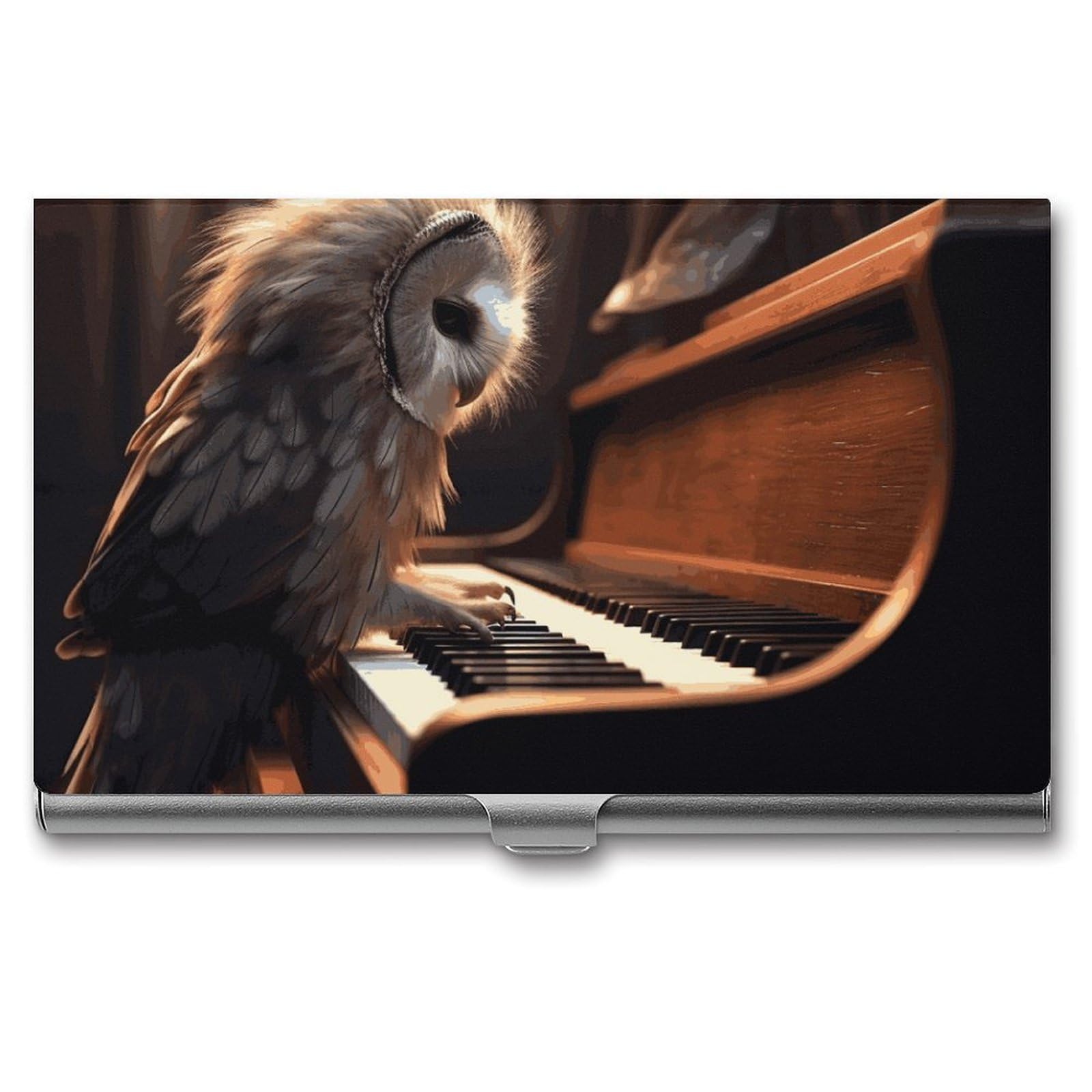 BTCOWZRV Owl Plays Piano Business Card Holder Metal Slim Business Card Case, Pocket Card Holder for Men Women Purse Name Card Holder Stainless Steel Wallet Credit ID Case for Office