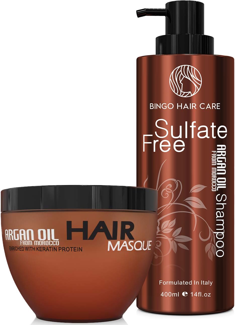 Moroccan Argan Oil Shampoo and Hair Mask - Revitalizing, Moisturizing, Nourishing, Antioxidant - Paraben Free - Sulfate Free - For All Hair Types - 2x8 oz Set