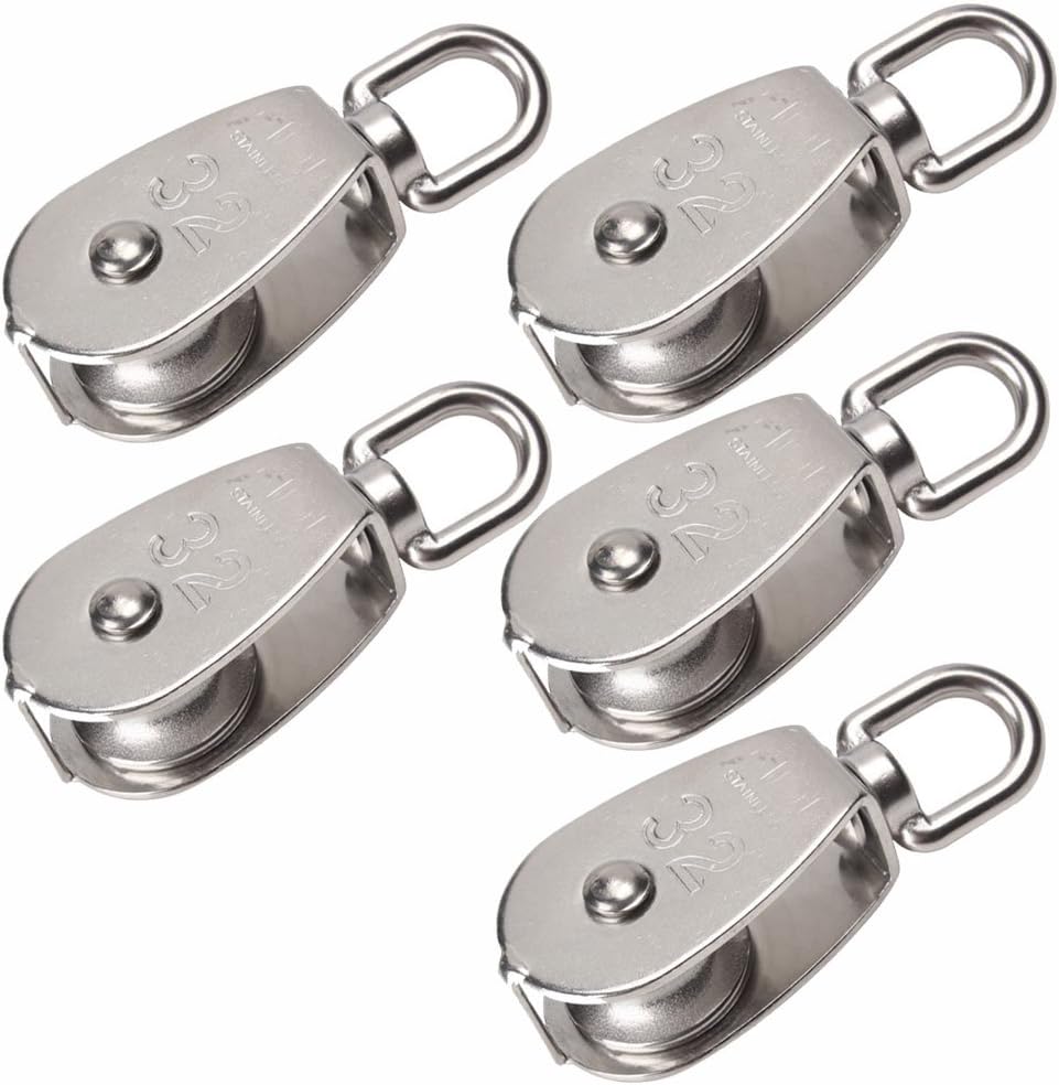 Glvanc, Silver 304 Stainless Steel Single Wheel Swivel Snatch Wire Rope Pulley Block Chain Traction Wheel with Max Loading 250kg Set of 5