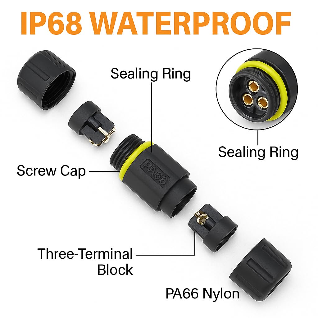 IP68 Waterproof 2 Way Cable Connector–4–10 mm Wire Diameter –Outdoor Electrical Junction Box–UV-Resistant PA66 Housing, Twist Lock Installation