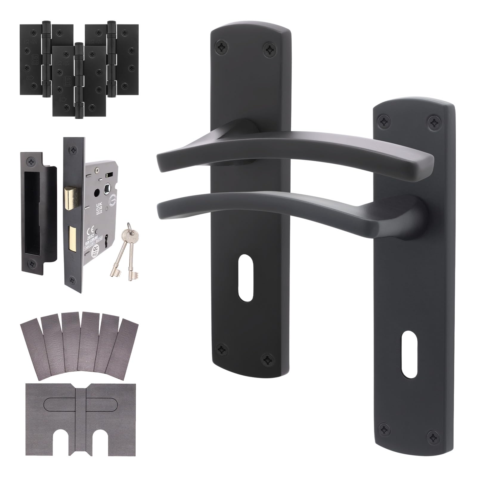 Eai Matt Black Black Fire Door Handle Key Lock Set, Internal Fire Rated Door Handle With 80Mm Lock And 102Mm Hinges, Elcot 1 Pack
