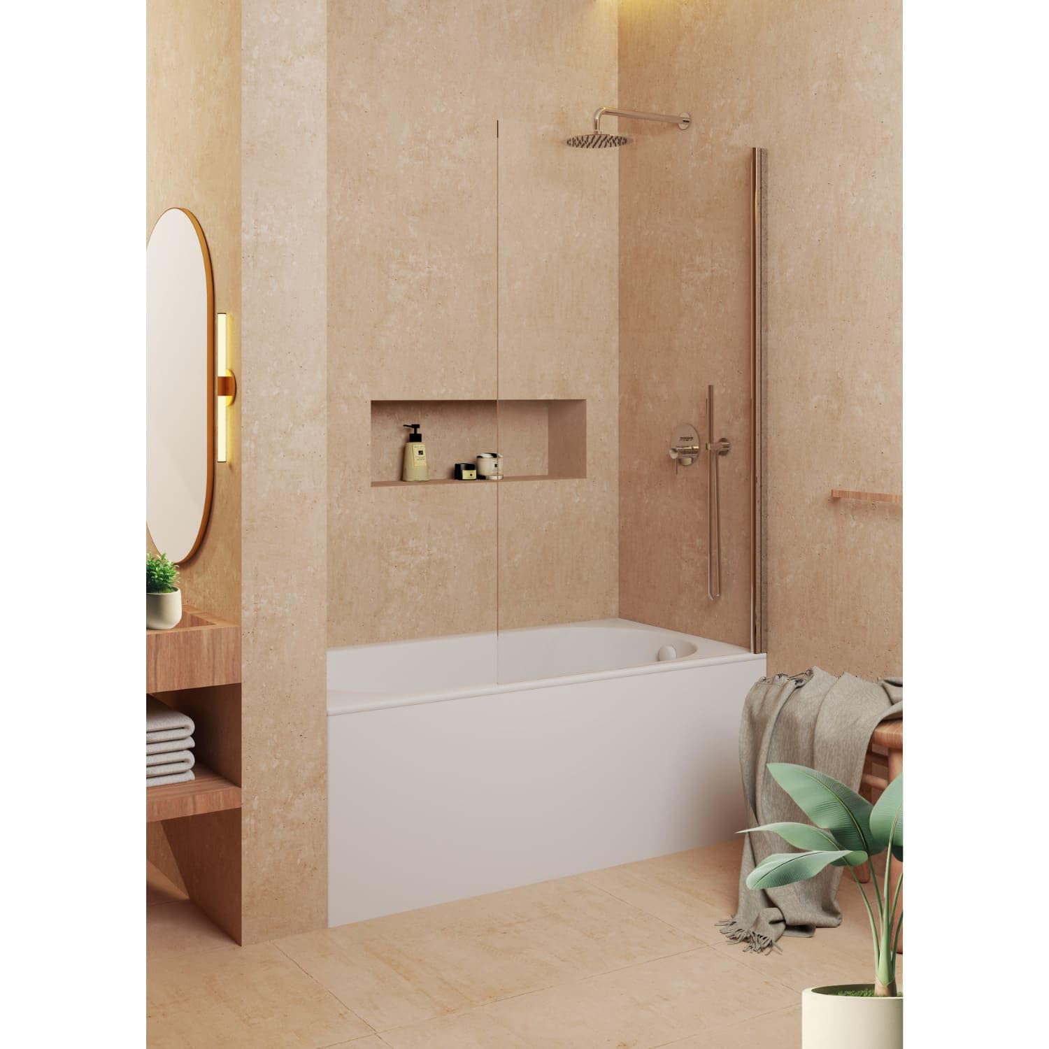 Mampara de bañera frontal panel fijo - Transparente - Cristal templado 8 mm Antical - Perfil cromo - Incluye brazo sujeción - H= 90 cm - Alto 150 cm