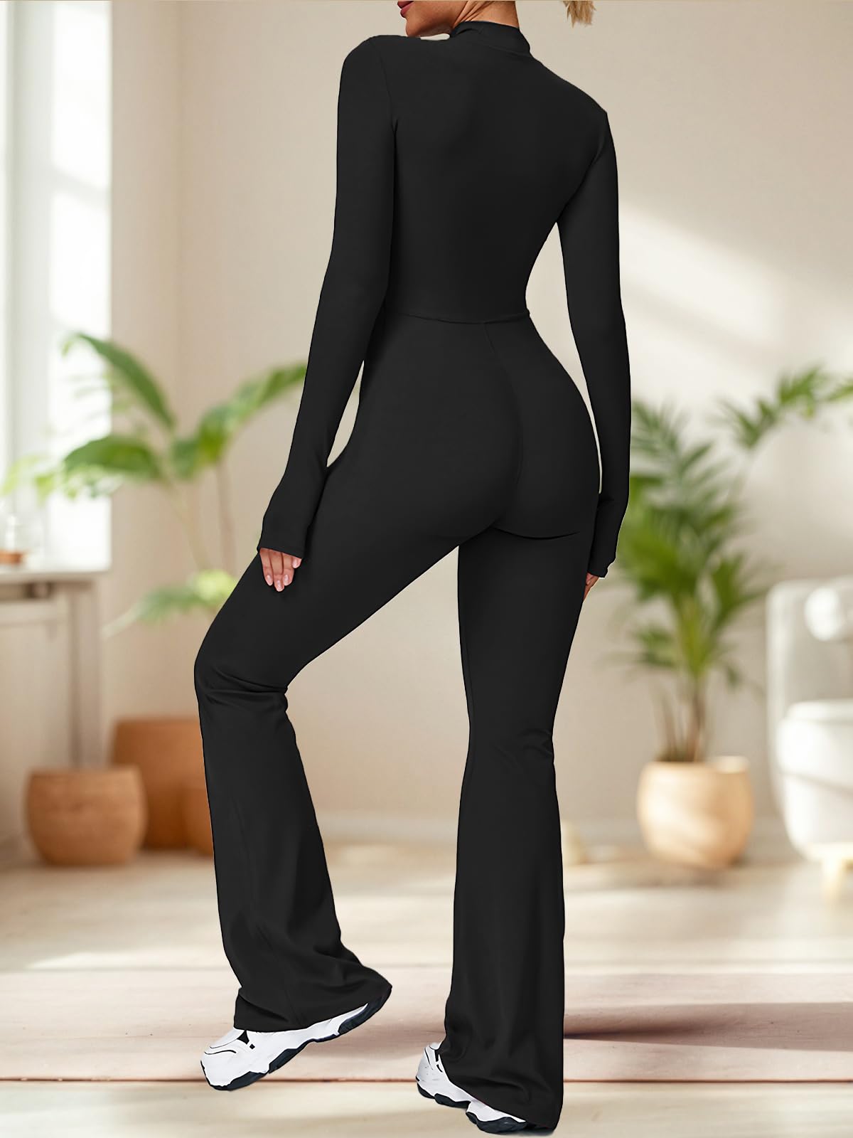 Ecupper Combinaisons de Sport Femme à Manches Longues Jumpsuit Une Pièce Combinaisons Overalls Flare Romper avec Fermeture Éclair