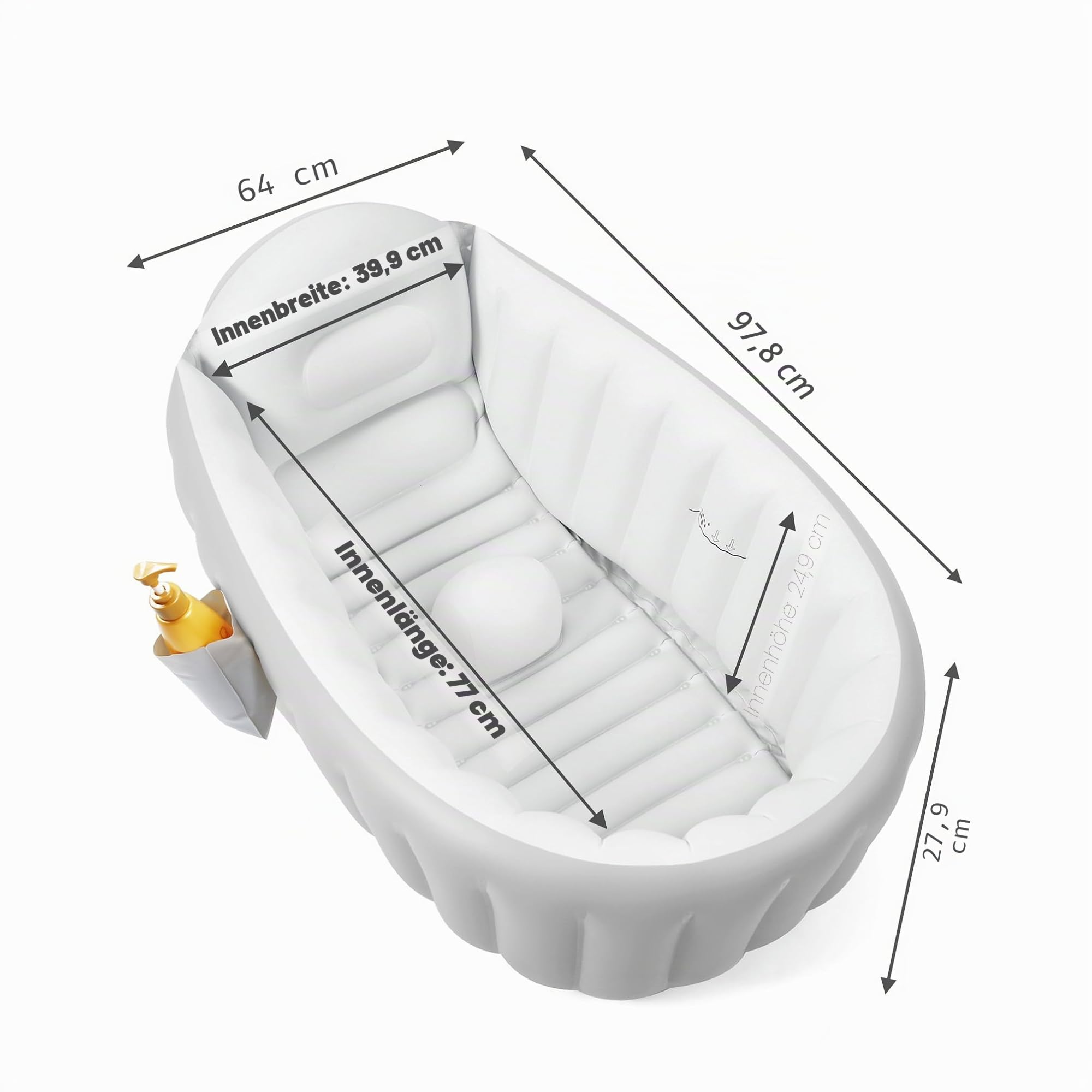 PandaEar Baby Badewanne aufblasbar (98x64x28cm) - Faltbare Reisebadewanne für Babys 0-36 Monate, Rutschfest & Ergonomisch, inkl. Fußpumpe & Seitentasche, BPA-frei, Modernes Grau