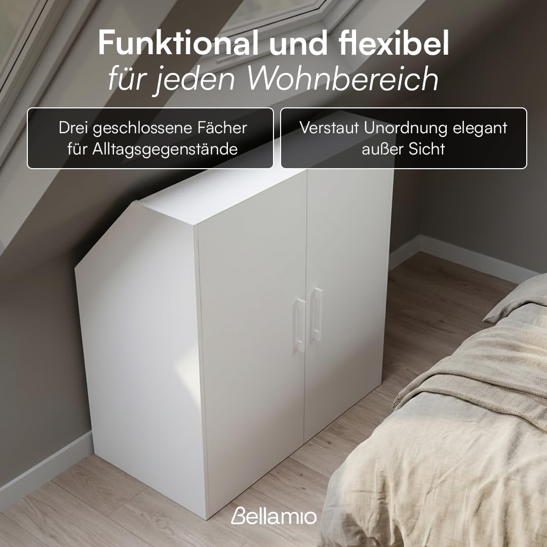 Bellamio Aland Dachschräge Regal weiß 100x90x52 HxBxT Schrank 2 Türen 3 Fächer Bücherregal Kleiderschrank