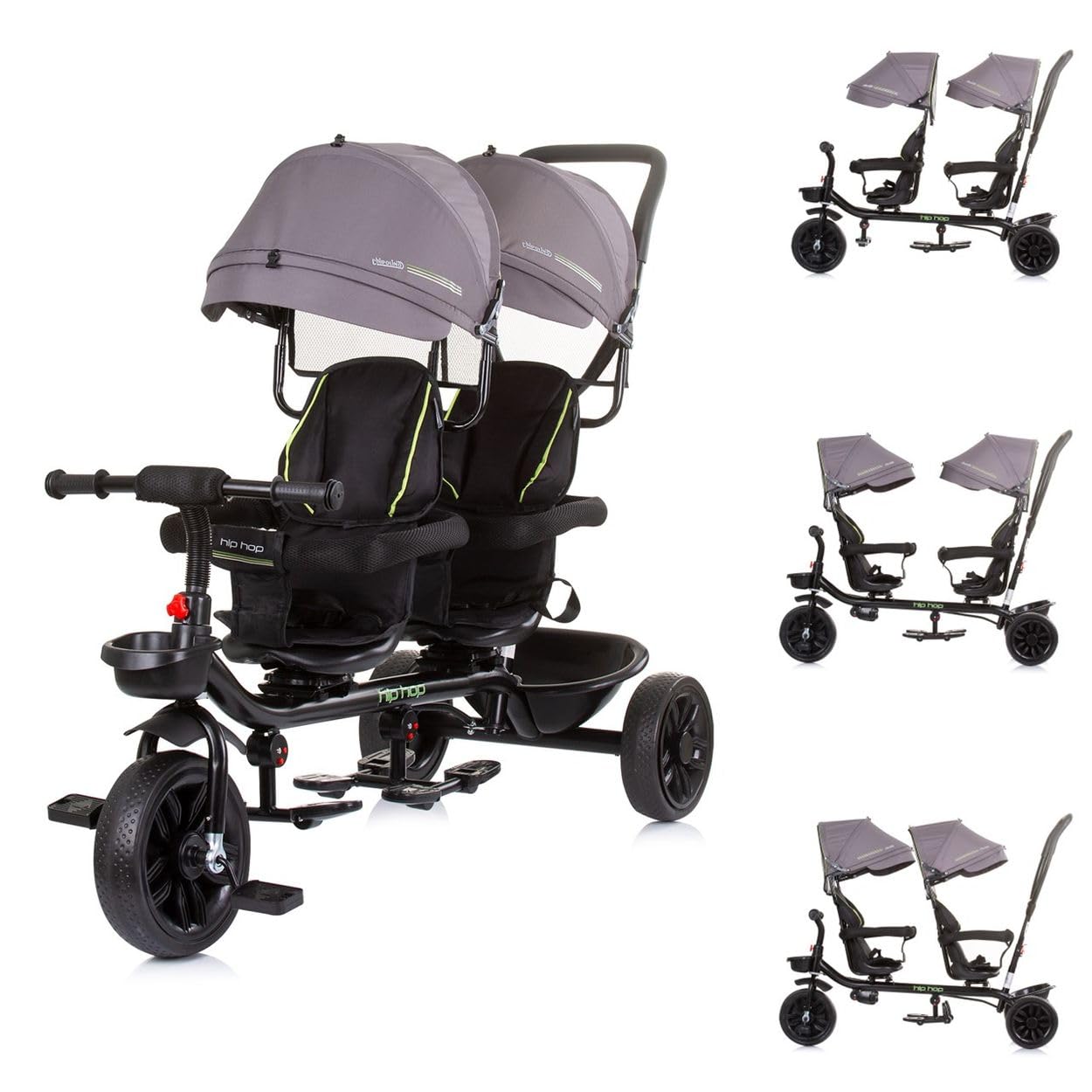 Chipolino Triciclo Hip Hop, due bambini, fino a 40 kg, sedili ruotabili a 360°, colorazione:grigio