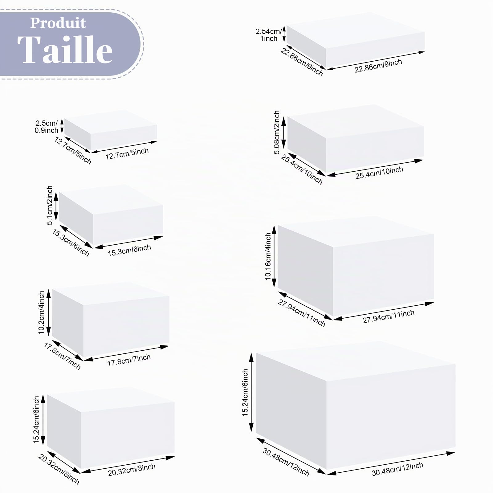 BINBE Lot de 8 présentoirs à dessert en acrylique blanc avec fond creux, 8 tailles différentes en acrylique pour décoration de fête (cube-8)